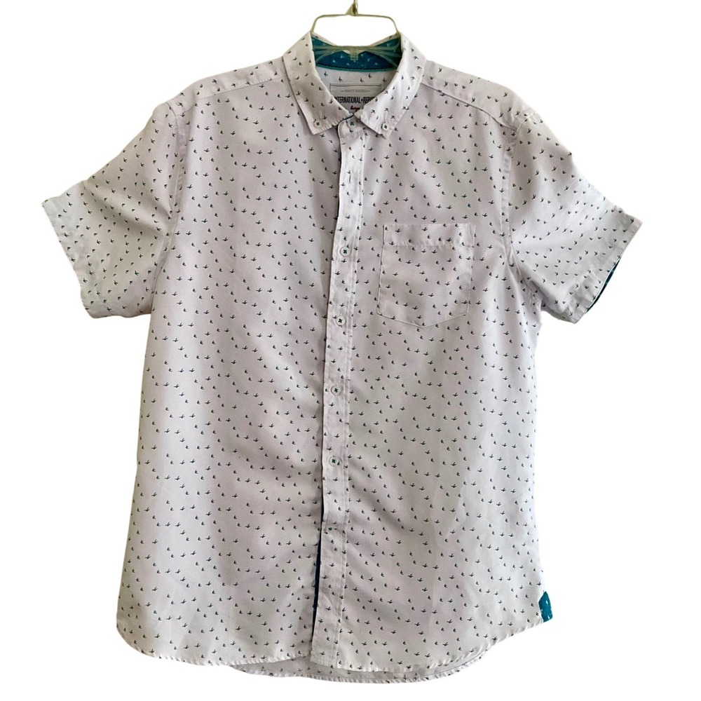 International Report Mens Large White Teal Bird Print Short Sleeve Button Down